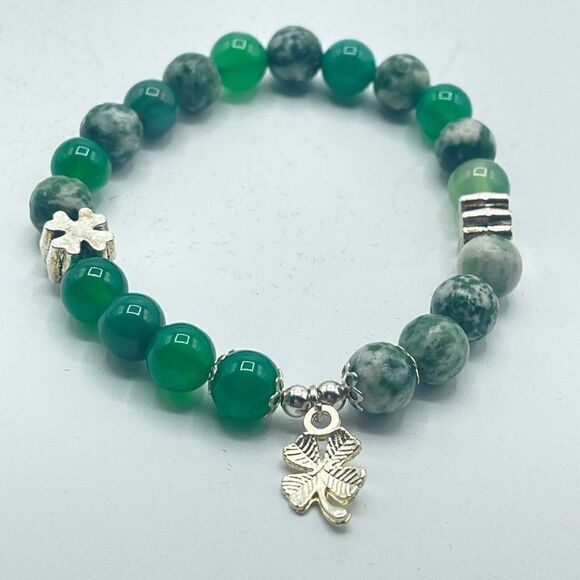 Lucky charm green aventurine tree agate beaded stretch bracelet ONE NEW Irish fo - Picture 3 of 8